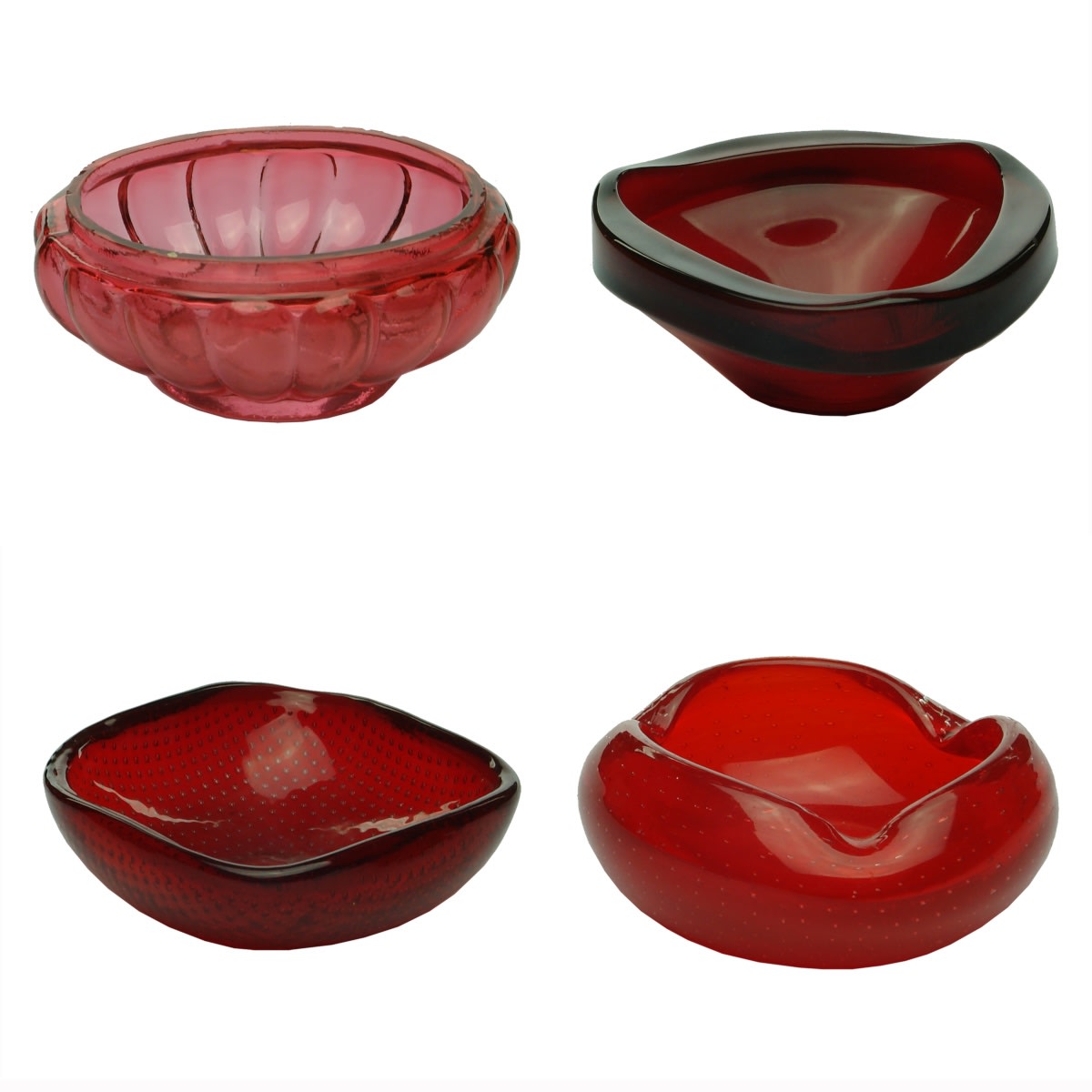 4 Ruby - Cranberry Glass Ashtrays & Bowls. One early one with pontil scar and ground lip.