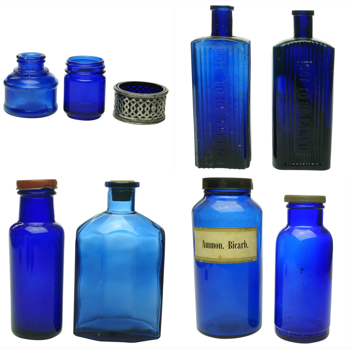 Blue Glass: 1. Machine made cotton reel ink. 2. Screw top Vicks Vaporub jar. 3. Small dish in EPNS holder. 4. Rectangle Not To Be Taken Poison, 8 oz. 5. Rectangle Not To Be Taken Poison (on raised panel), 8 oz.  6. Screw top tall wide mouth cylinder. 7. Modern octagonal bottle. 8. Screw top Evans Ammon. Bicarb. jar. 9. Screw top Bromo Seltzer jar.