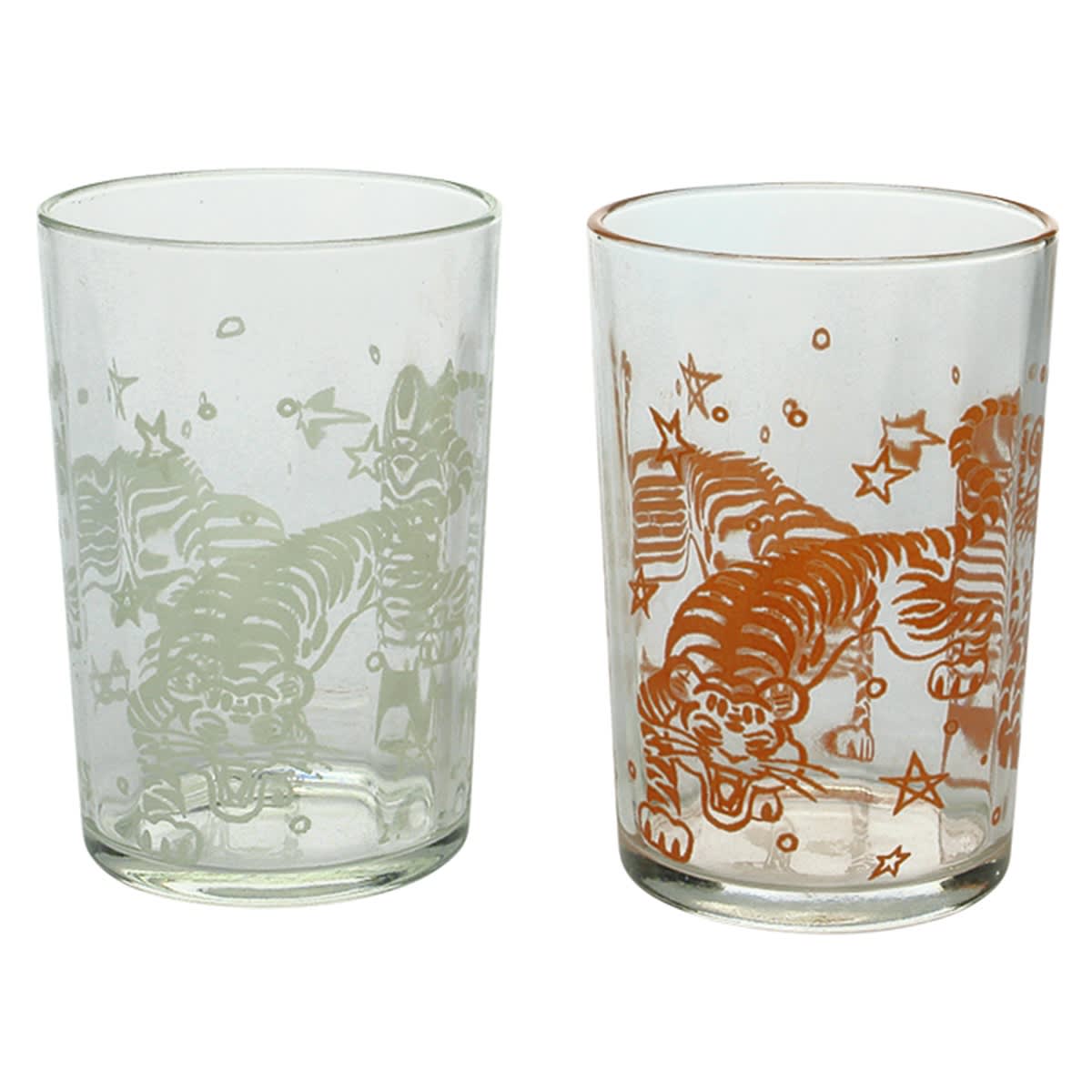 Glasses. 2 x ETA Peanut PasteTigers Ceramic Label Glasses. White and Orange Print.