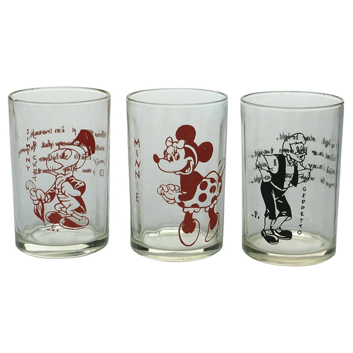 Glasses. 3 x Kraft Swanky Swig Glasses, Pinocchio and Disneyland Series, Red Print Jiminy Cricket; Red Print Minnie; Black Print Geppetto.