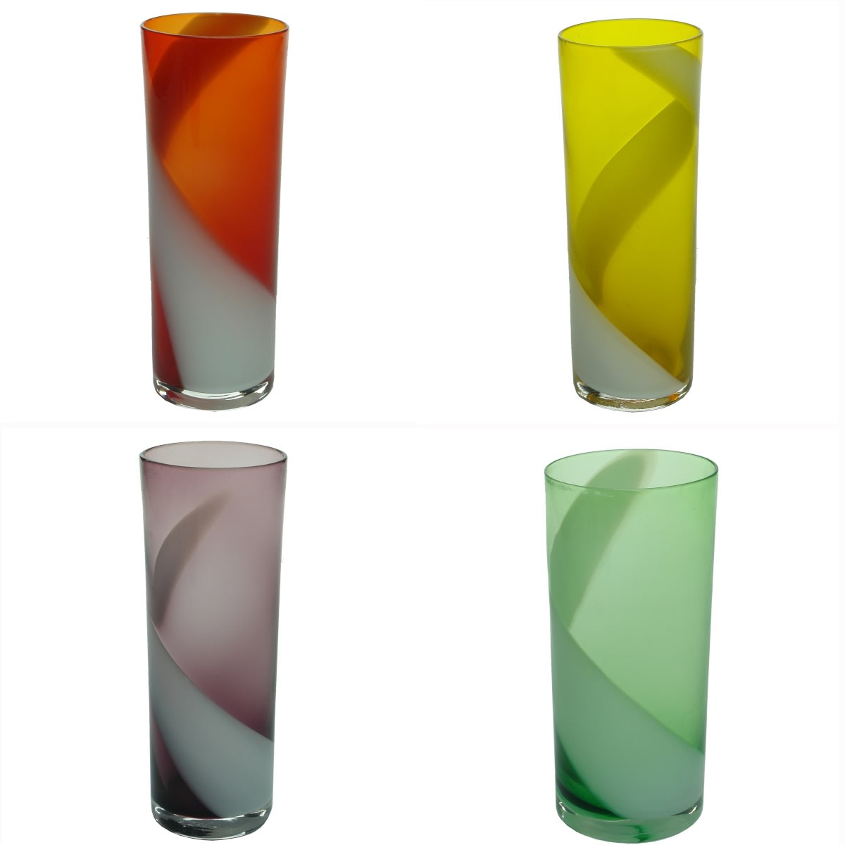 4 Glasses. Red, Yellow, Purple & Green with white milk glass swirls.