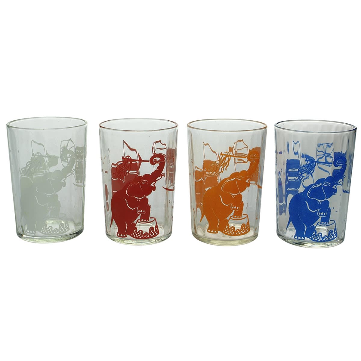 Glasses. 4 x ETA Peanut Paste Circus Elephant Ceramic Label Glasses. White, Red, Orange and Blue Print.