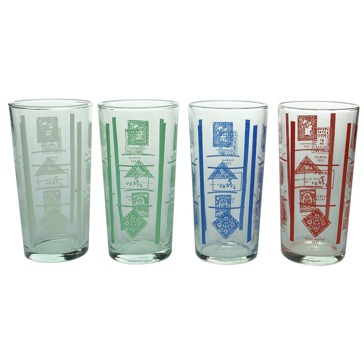 Glasses. 4 x Ceramic Label Glasses depicting old postage stamps from around the World. Released by ETA for Lemon Spread. White, Green, Blue and Red Print.