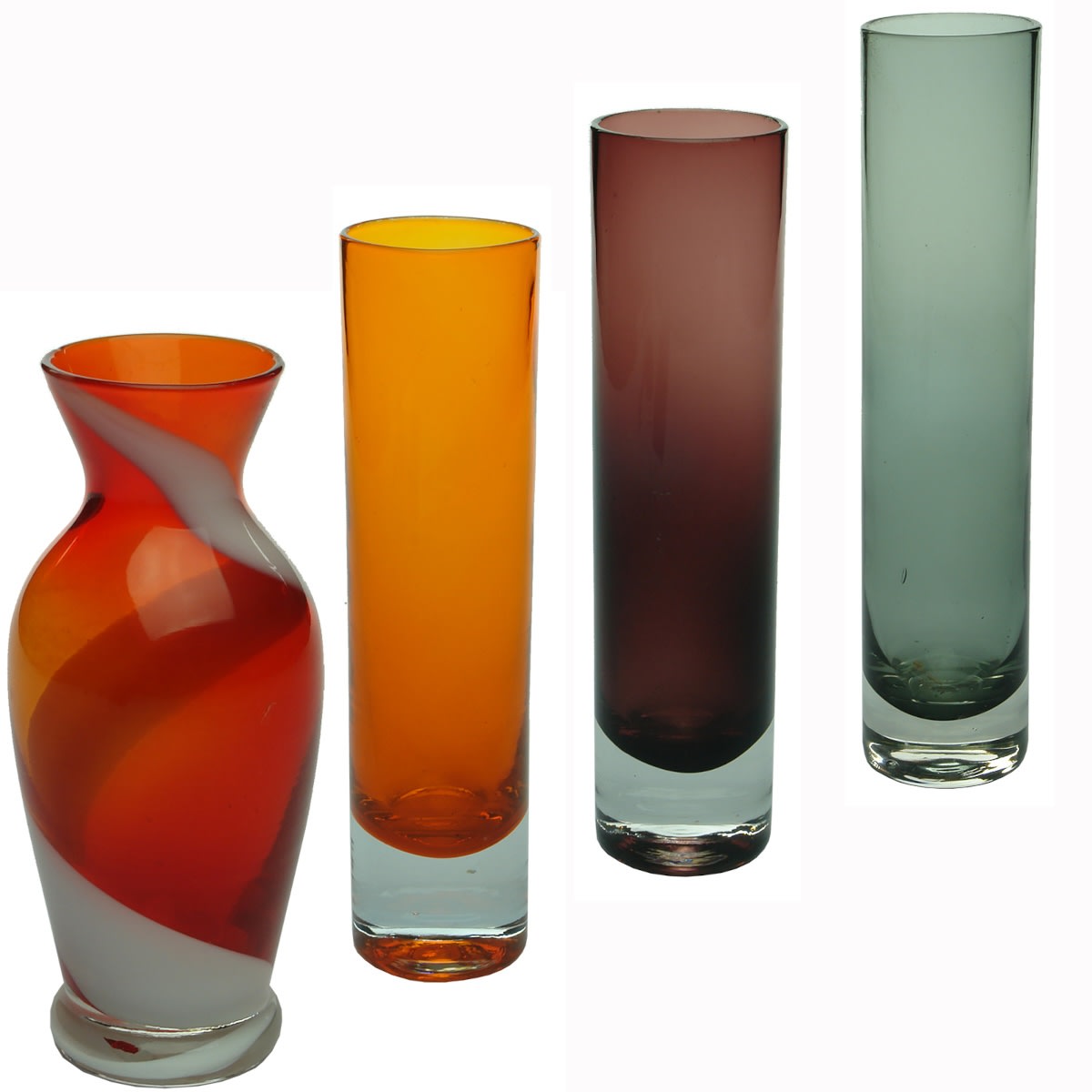 4 Vases/Glasses. Amphora shaped in Ruby/Orange & Milk Glass; Three tall cylinders with Orange, Purple and Black/Grey colours.