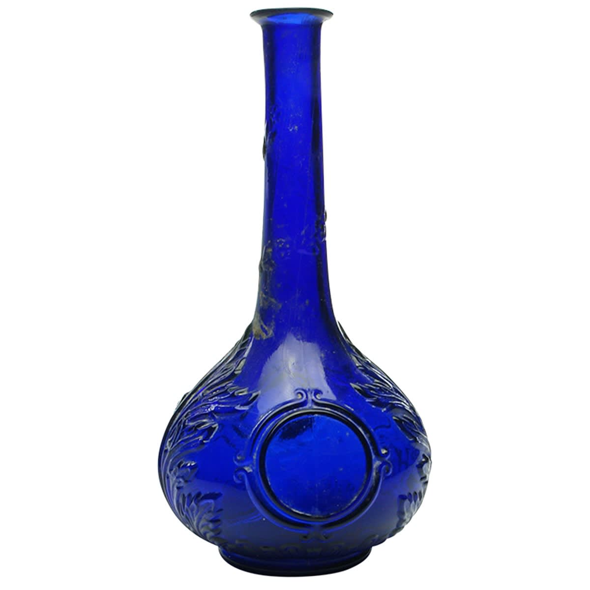 Glassware. Ornate bulbous cobalt French bottle.
