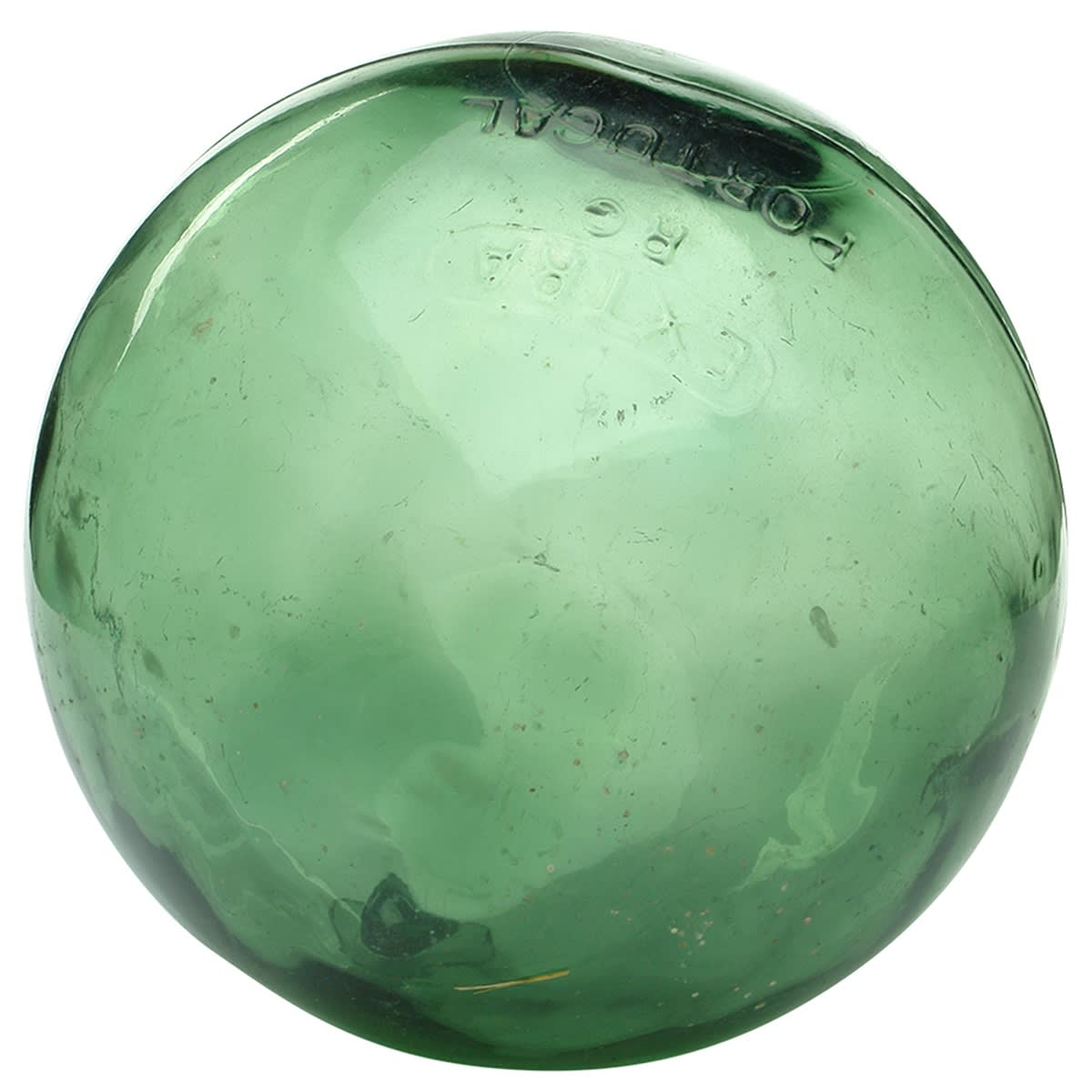 Green Glass Fishing Float. Extra RG, Portugal. About 200 mm diameter.
