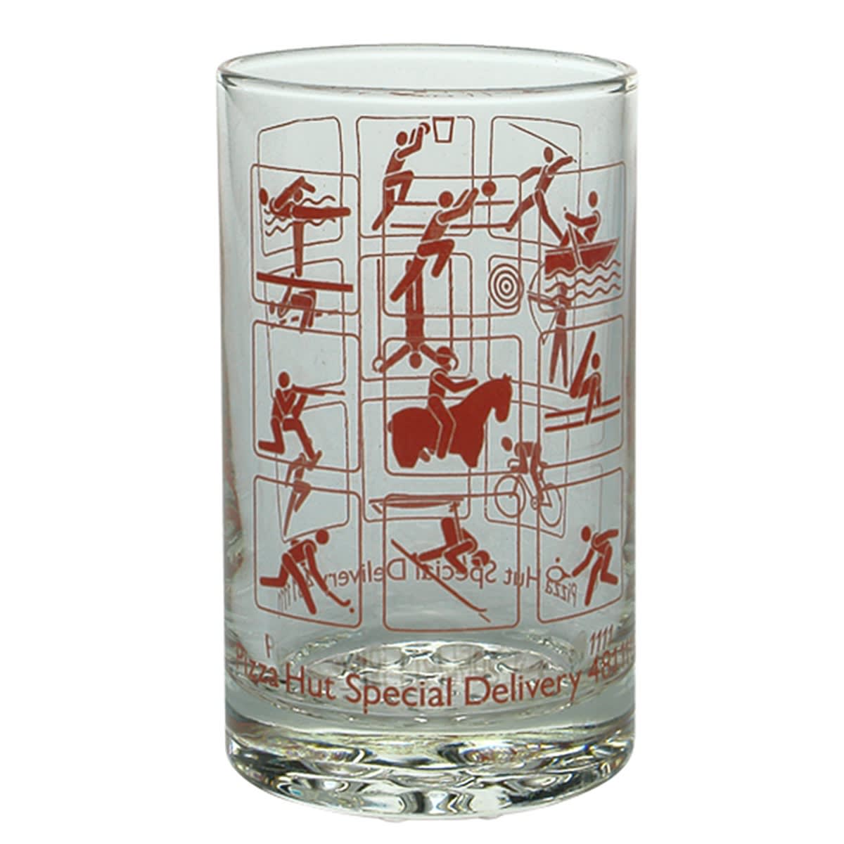 Glass. Pizza Hut Special Delivery, Depicting Various Sports. Ceramic Label. Red Print.