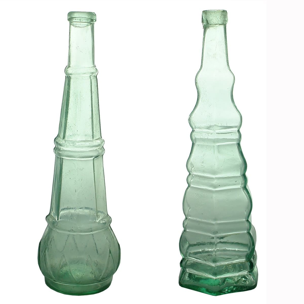 2 Small Goldfields Salad Oils: Sharks Tooth or Tiered Bell; Christmas Tree. Aqua. 7 oz.