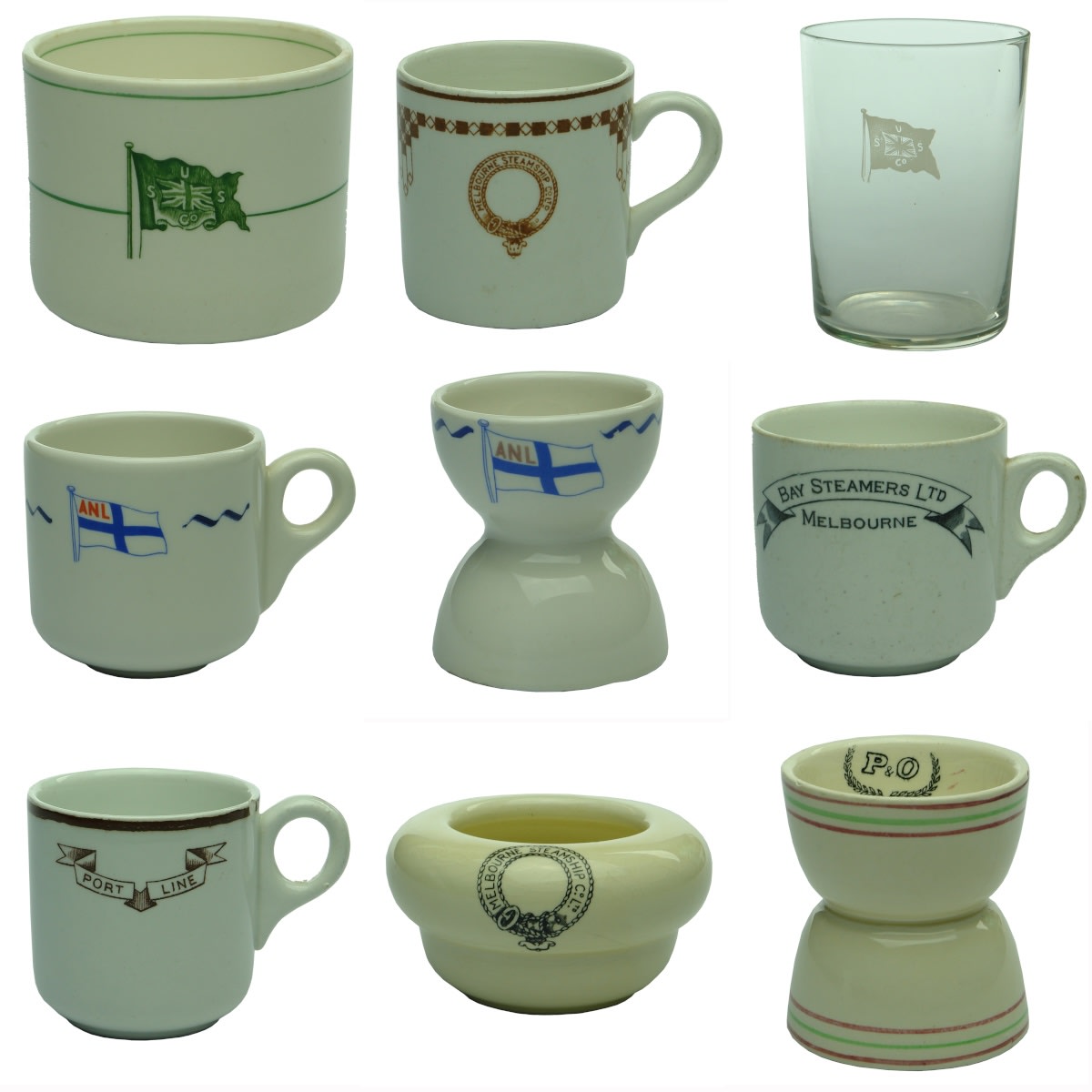 9 Shipping Pieces: USS Co Tea Cup; Melbourne Steamship Coffee Cup; USS Co Beer Glass; ANL Coffee Cup; ANL Egg Cup; Bay Steamers Cup; Port Line Cup; Melbourne Steamship Ash Tray; P & O Egg Cup.