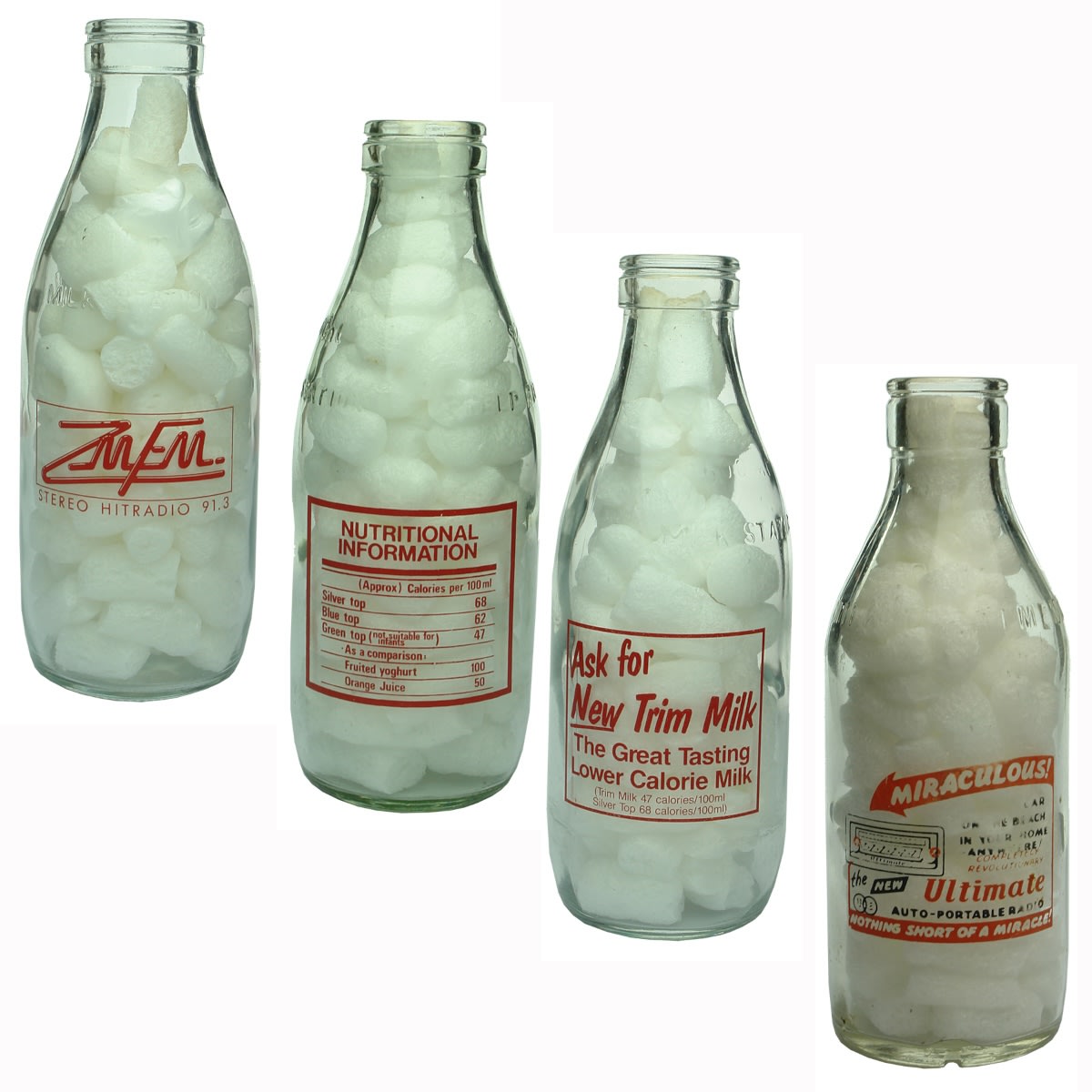4 Ceramic Label Advertising Milks. Meadow Fresh. ZM FM Stereo Hitradio; Nutritional Information, Silver Top, Blue Top, Green Top; Ask for New Trim Milk; Ultimate Auto-Portable Radio. Milk Treatment Station. Pint/ 600ml. (New Zealand)