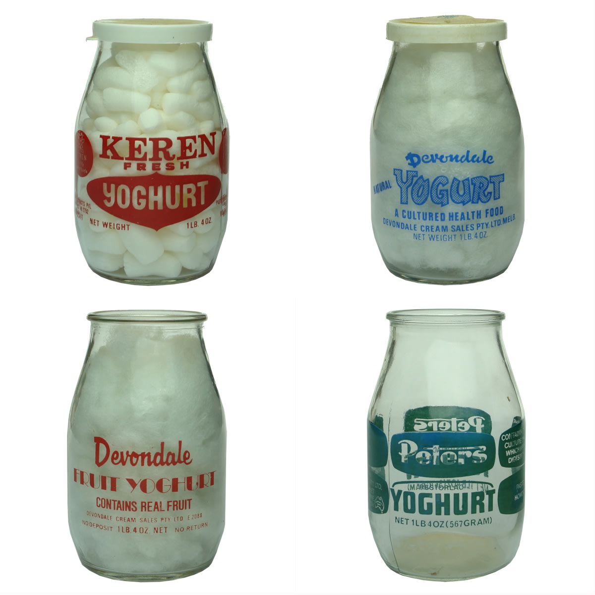4 Ceramic Label Yoghurts. Keren Dairy Products Alphington Vic; 2 Devondale Yoghurts Blue Briwn & Red Print; Peters Restorlac, Green Print. 1 lb 4 oz.