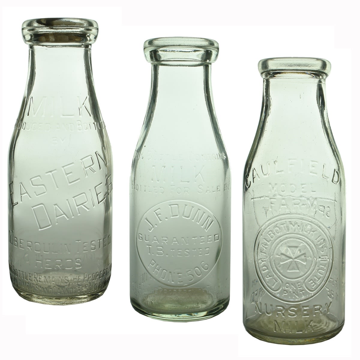 3 Milks: Eastern Dairies, Tuberculin Tested Herds. Base: 622.; J. F. Dunn, Phone 506. Base: 535.; Lady Talbot Milk Institute, Caulfield Model Farm Nursery Milk. AGM Base Mark. (Victoria)