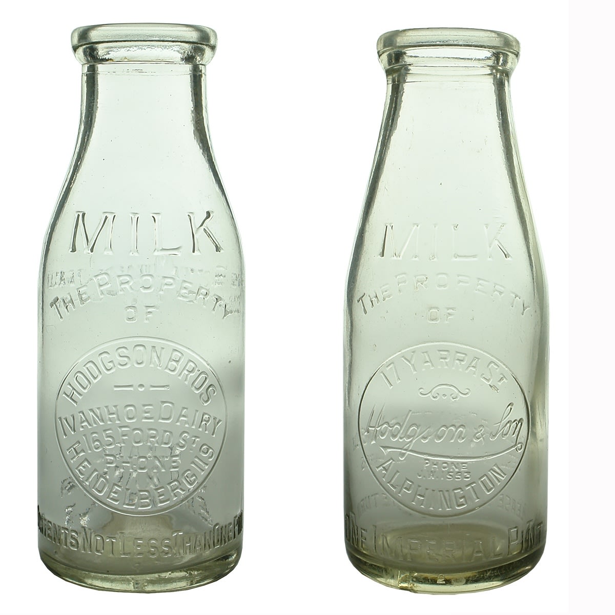 2 Milk Bottles: Hodgson Bros., Ivanhoe Dairy, Heidelberg. Base: 398; Hodgson & Son, 17 Yarra St., Alphington. Base: 351. (Victoria)