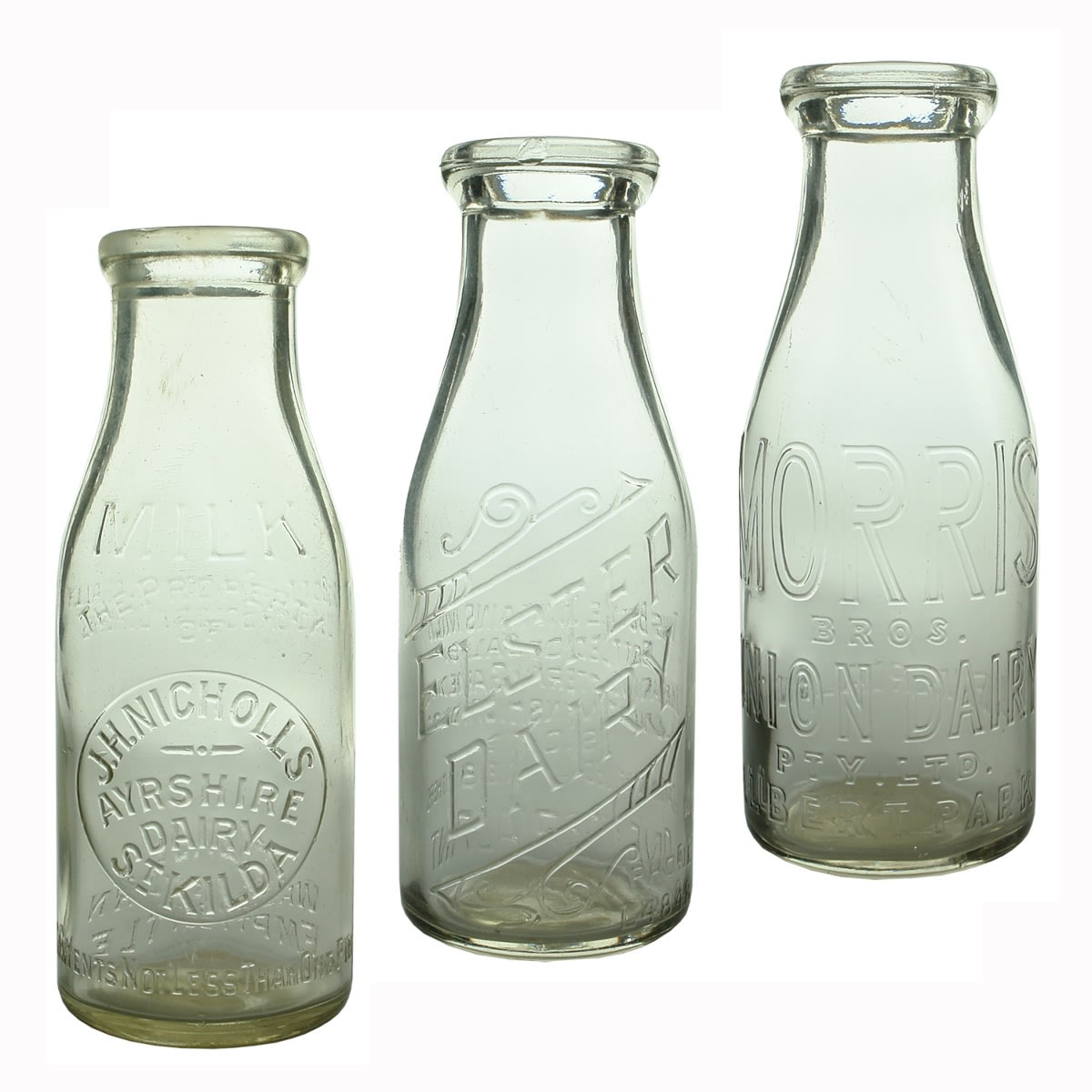 3 Milk Bottles: J. H. Nicholls, Ayrshire Dairy, St Kilda. Base 161; Elster Dairy, J. Kean, Gardenvale. Base: 271; Morris Bros., Union Dairy, Albert Park. Base: 37. (Victoria)