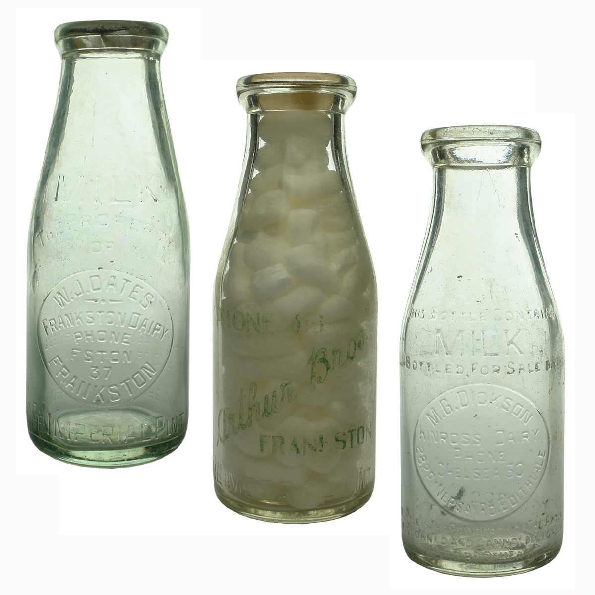 3 Milks: W. J. Oates, Frankston Dairy. Base: 241; Arthur Bros, Central Dairy Frankston, Faint ceramic label, Base: 339; M. G. Dickson, Kinross Dairy, Chelsea, Edithvale, Base: 175. (Victoria)