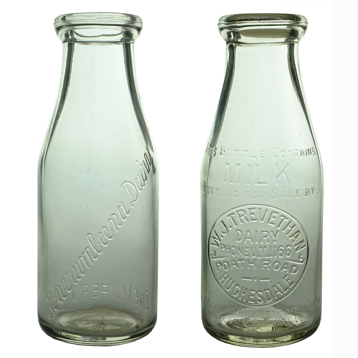 2 Milk Bottles: Murrumbeena Dairy. Base Number 244; W. J. Trevethan Dairy, Poath Road, Hughesdale. Base Number 234. Pints. (Victoria)