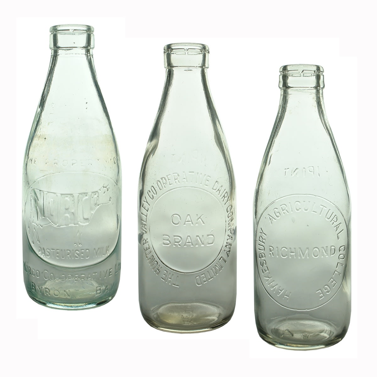 3 Foil top Milks: Norco Co-operative Ltd., Byron Bay; Hunter Valley Co-op Dairy Co Ltd, Oak Brand; Hawkesbury Agricultural College, Richmond. (New South Wales)