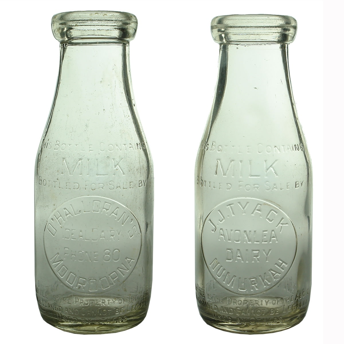 2 Milk Bottles: O'Halloran's Ideal Dairy Mooroopna. Base Number: 601; J. J. Tyack, Avonlea Dairy, Numurkah. Base Number: 621. (Victoria)