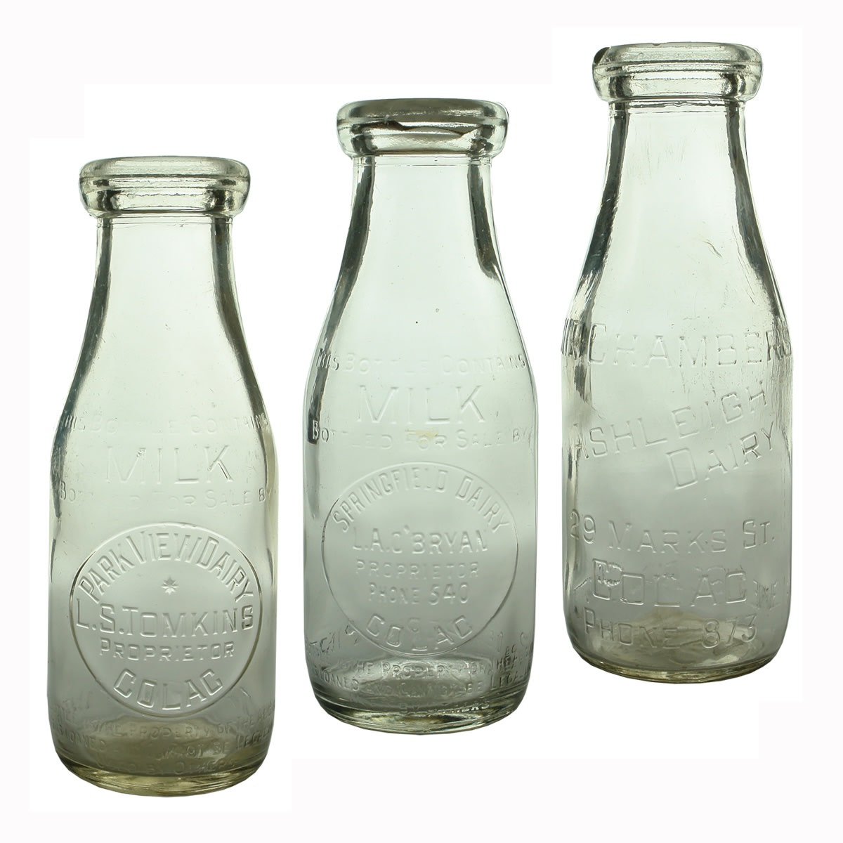 3 Colac Milks: Park View Dairy, L. S. Tomkins. Base: 473; L. A. O'Bryan, Springfield Dairy. Base: 564; N. R. Chambers, Ashleigh Dairy, 29 Marks St. Base: 596. (Victoria)