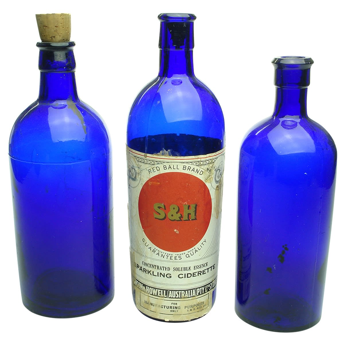 Essence: 1. Cobalt applied top essence or pharmacy bottle. 1 Pound. 2. Labelled cobalt Stevenson & Howell, Sydney Red Ball Brand Sparkling Ciererre Concentrated Soluble Essence. 1 Pound. 3. Cobalt spun top essence or pharmacy bottle. 1/2 Pound.
