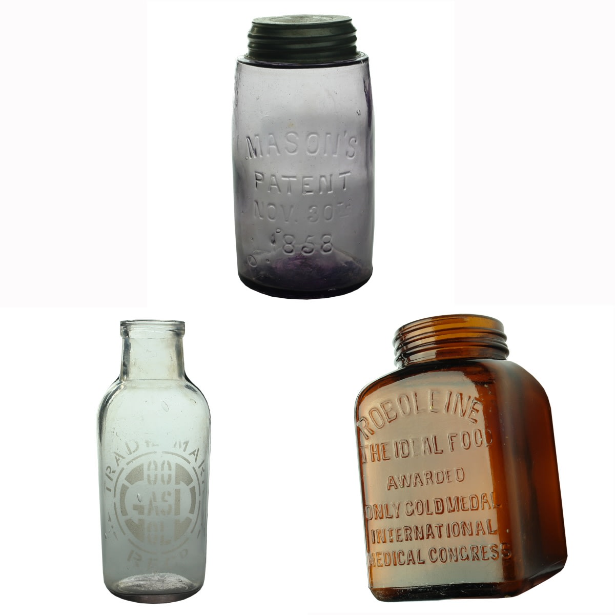 3 Jars: Mason's Patent 1858 Amethyst; Sandblasted Good as Gold Pickles; Roboleine the Ideal Food amber jar.