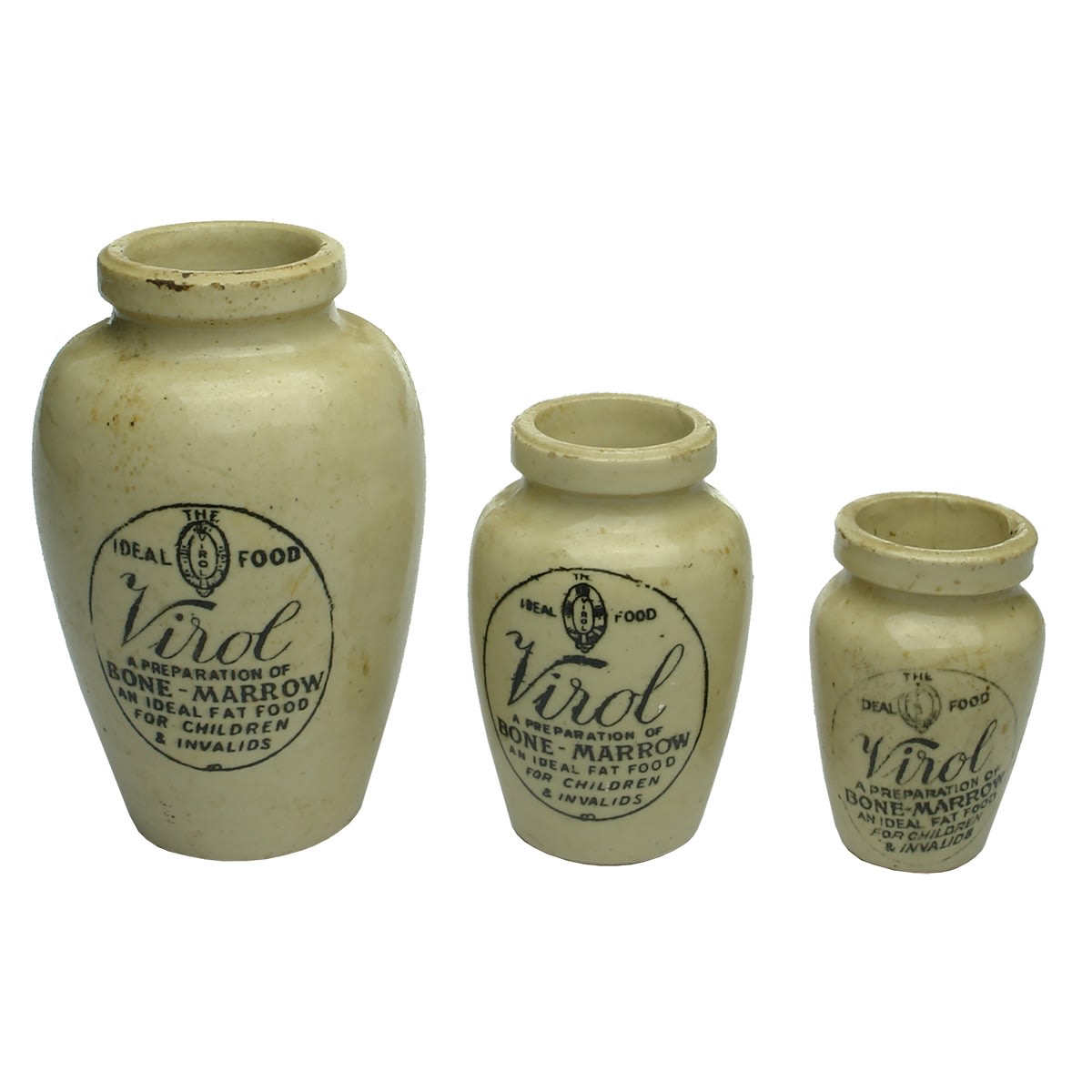 Household. Three sizes of Virol Bone-Marrow Jars. 140 mm, 100 mm and 80 mm.