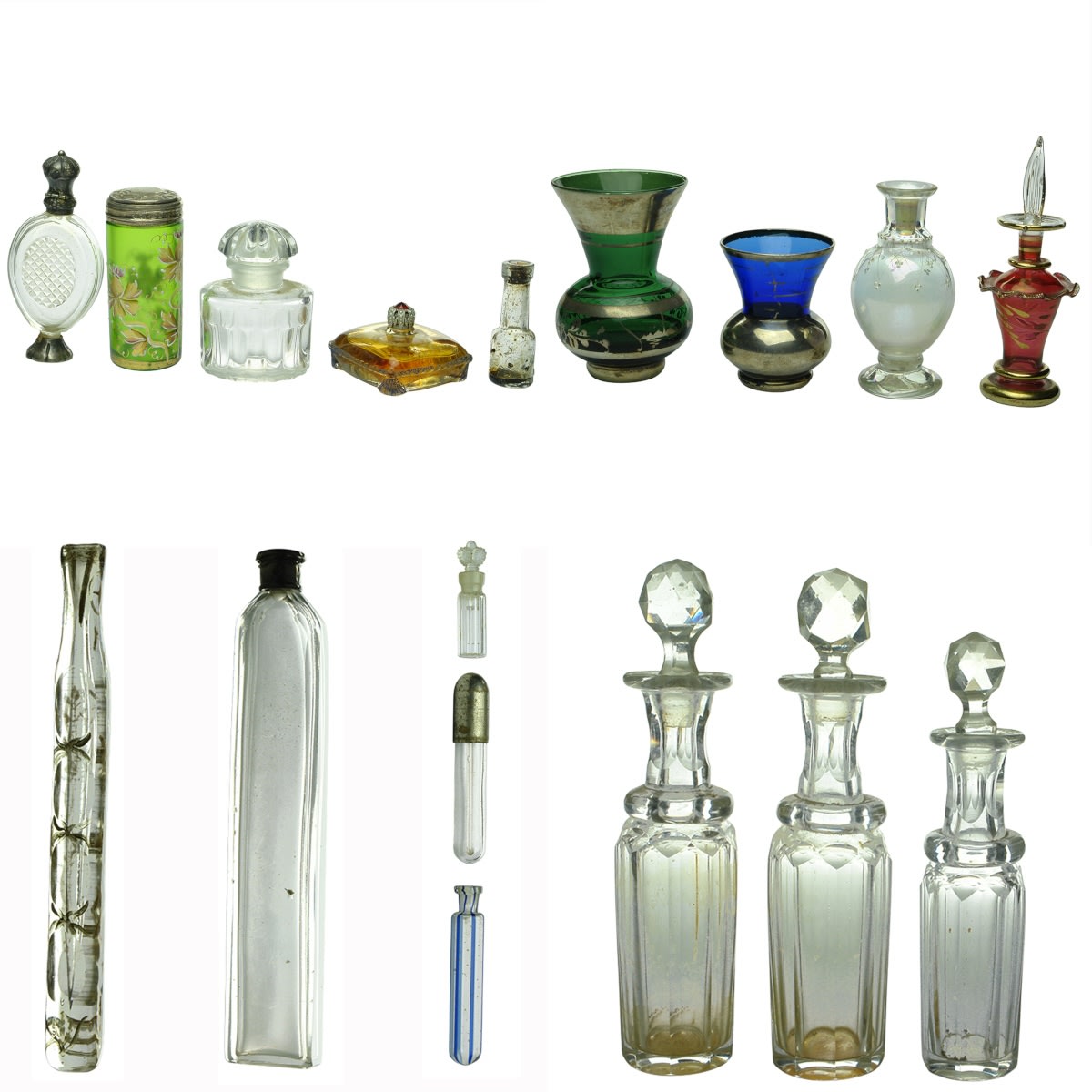 Perfumes: 1. Silver mounted clear flat scent bottle. 2. Green silver cap jar with gold painted design. 3. Stoppered clear oval Balenciaga 1 oz. bottle. 4. Fancy flat perfume bottle with doubla action cap, with contents. 5. Small bottle with long neck. 6. Green bulbous jar with flared mouth and silver leaf design. 7. Blue bulbous jar with flared mouth and silver leaf design. 8. Clear bulbous bottle with foot and white enamelled design. 9. Fancy lightweight ruby bottle with gold leaf design. 10. Long skinny scent bottle with gold leaf design. 11. Skinny rectangle clear perfume bottle with silver mount. 12. Tiny clear scent bottle with stopper. 13. Small clear vial with brass cap. 14. Small clear vial with blue streaks. 15. Crystal stoppered fancy bottle. 16. Crystal stoppered fancy bottle. 17. Crystal stoppered fancy bottle, smaller size.