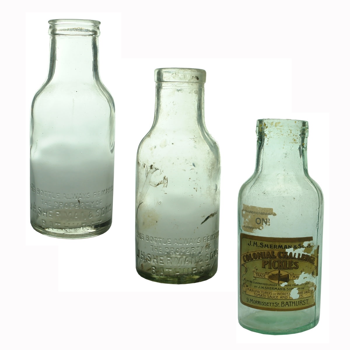 3 Pickles: J. H. Sherman & Sons, Bathurst. Later embossed types and plain one with original label. (New South Wales)
