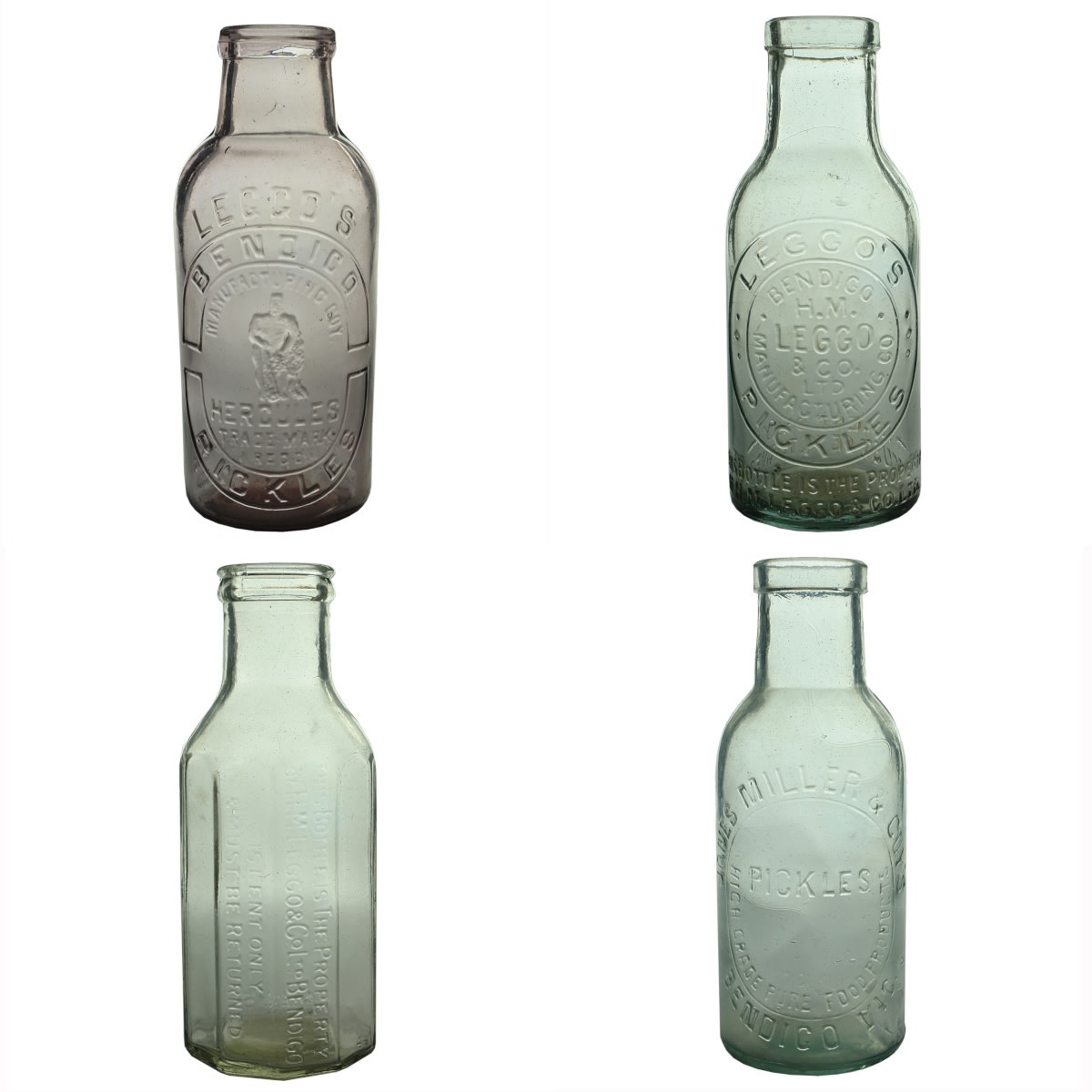 4 Bendigo Pickles: Leggo's Hercules with tool finished top; Leggo's H. M. Leggo & Co Round; H. M. Leggo & Co Ltd 10 sided with Crown Seal; Jones Miller & Co's. (Victoria)