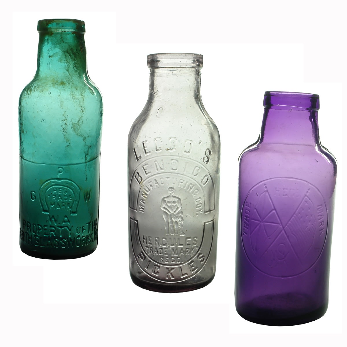 3 Pickles: Perth Glassworks; Leggo's Hercules Bendigo; Crossed Flags (W. M. Southan, Sydney).