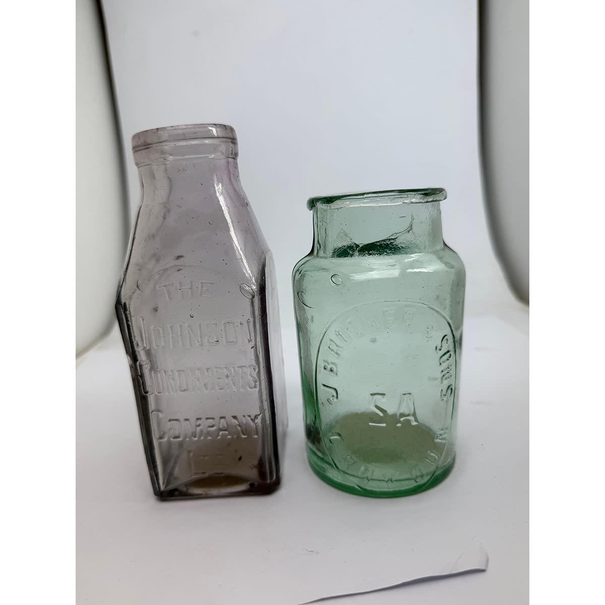 2 small Pickles or Jams: The Johnson Condiments Company Ltd; J. Brooker & Sons Croydon.