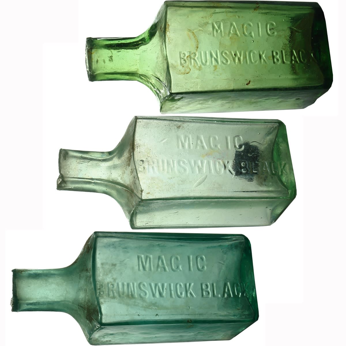 3 different Magic Brunswick Black Bottles. Light Green, Pale Aqua & Blue Aqua. (South Australia)