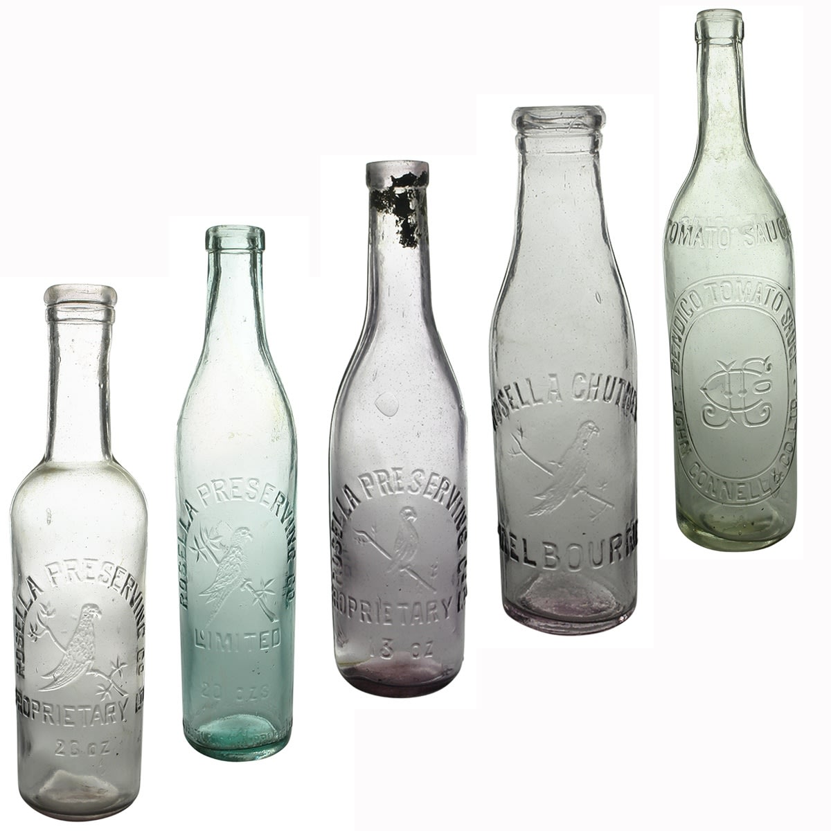 5 Sauces: 4 different Rosella Preserving Co., Melbourne; John Connell & Co Ltd Bendigo 26 oz. (Victoria)