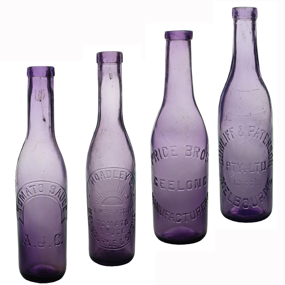 4 Sun Coloured Amethyst Sauces: AJC; Hoadley's; Price Bros, Geelong; Cunliff & Paterson.