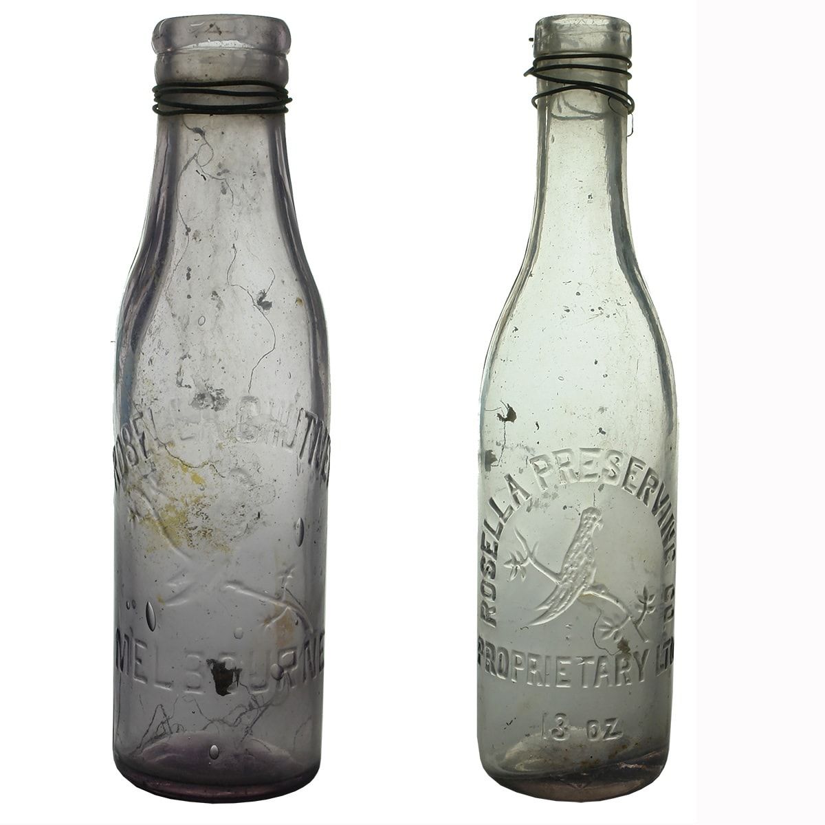 Household. 1. Rosella Chutney, Melbourne. Amethyst. 13 oz. 2. Rosella Preserving co. Proprietary Ltd. Sauce. Amethyst. 13 oz. (Victoria)