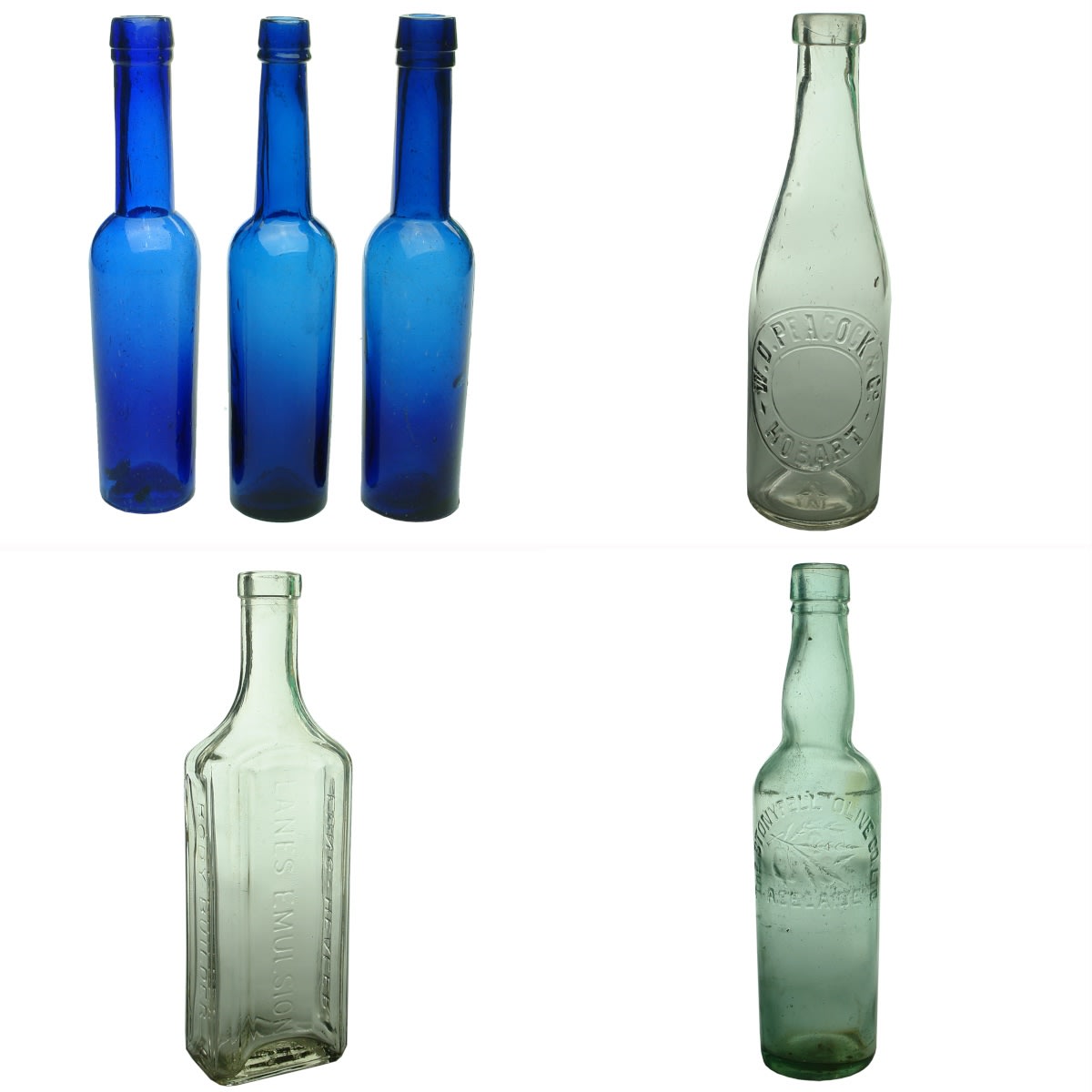 6 Household Bottles. 3 x 5 ounce cobalt castor oils; W. D. Peacock & Co Hobart Sauce; Lanes Emulsion; Stonyfell Olive Oil Co.