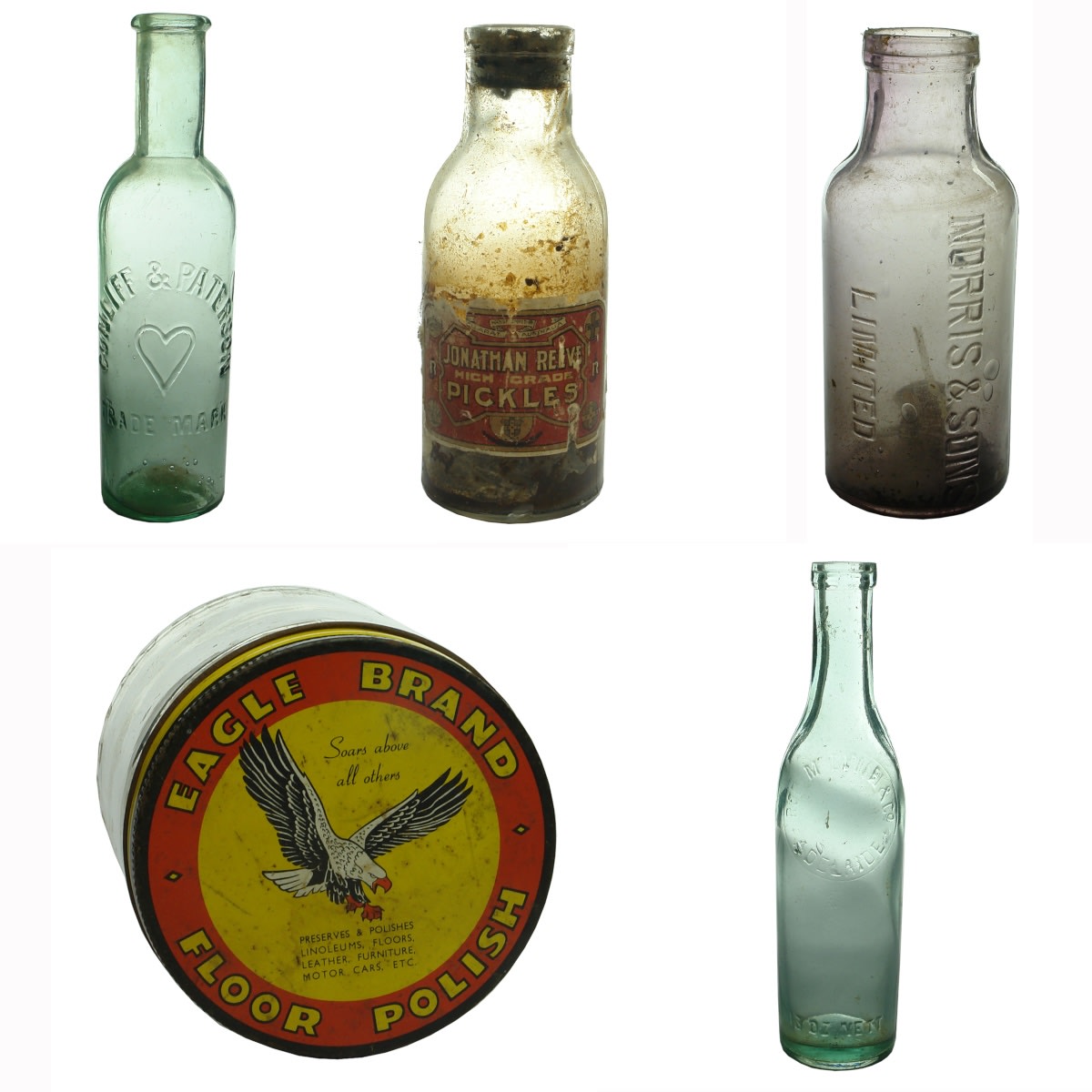 5 Household Bottles: Cunliff & Paterson; Jonathon Reeve pickle, label & contents!; Norris & Sons Pickle; Moran & Cato Eagle Brand Polish; Robt McEwin Adelaide Sauce.