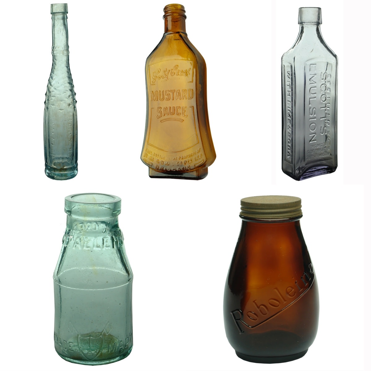 5 Assorted Bottles: Longmore's Salad Oil; Gold Crest Mustard Sauce; Scott's Emulsion; Allen's Boot Cream; Roboleine Jar.