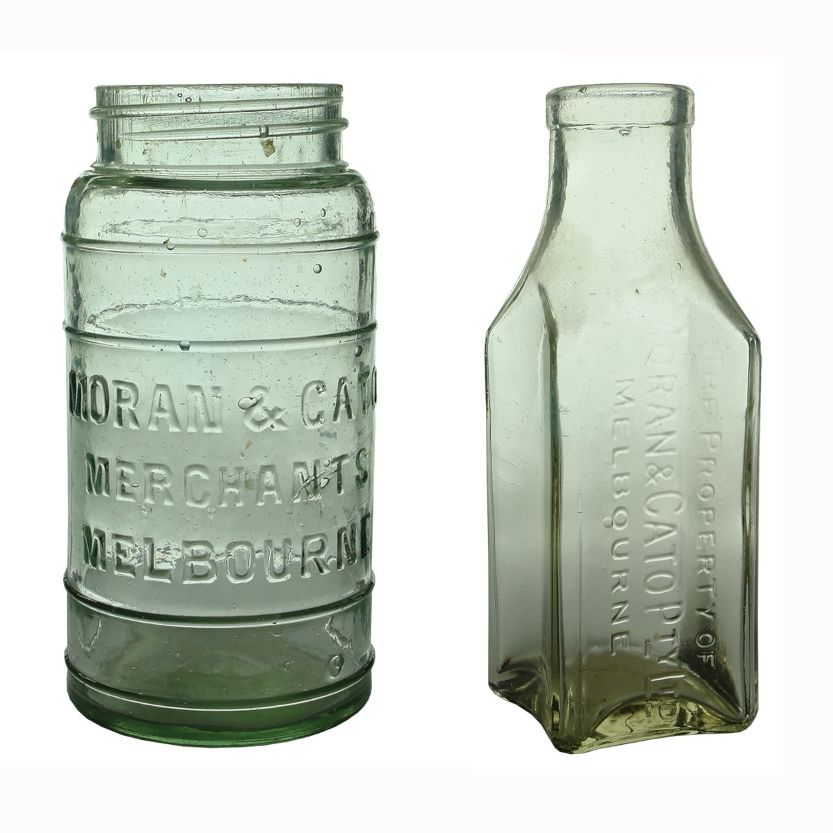 2 Jars: Round Moran & Cato Merchants Melbourne; Square with concave sides, Moran & Cato Pty Ltd Melbourne. (Victoria)