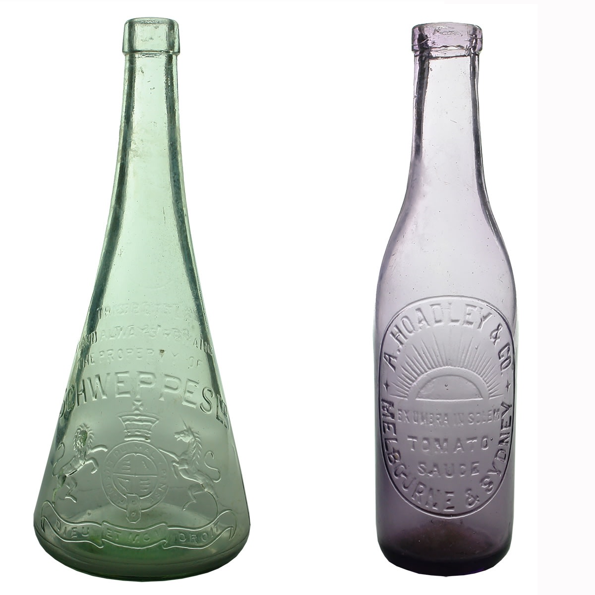 2 Household Bottles: Cordial. Schweppes Limited. Royal Coat of Arms. Conical shape. 26 oz and A. Hoadley & Co., Melbourne & Sydney. Rising Sun. Sun Coloured Amethyst. 13 oz.