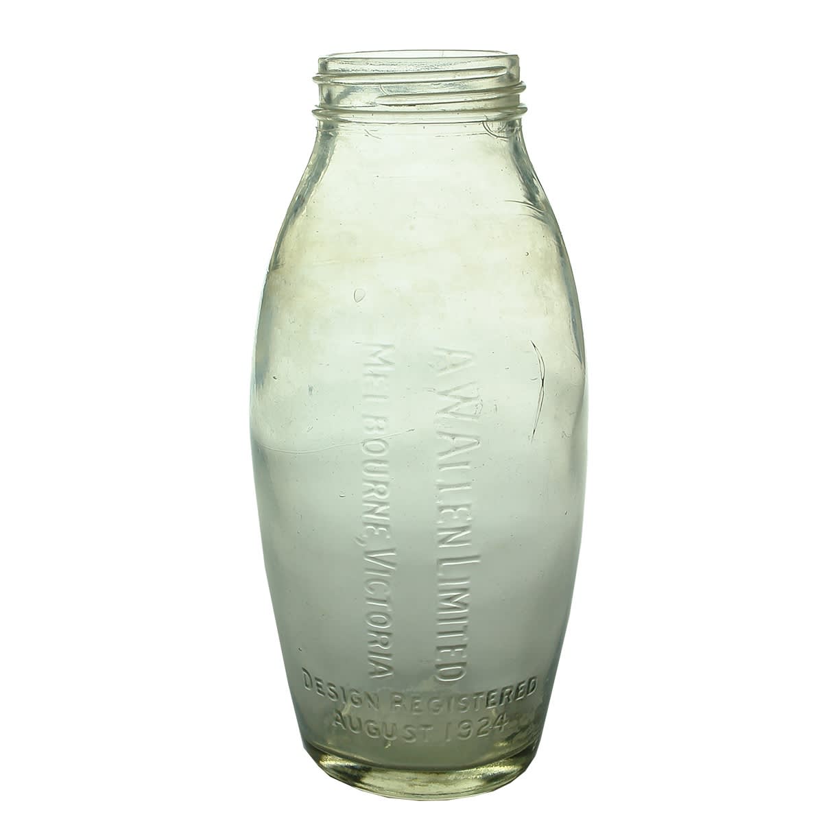 Lolly Jar. A. W. Allen Limited. Melbourne. Oval shape. Design Registered August 1924. Quart. (Victoria)