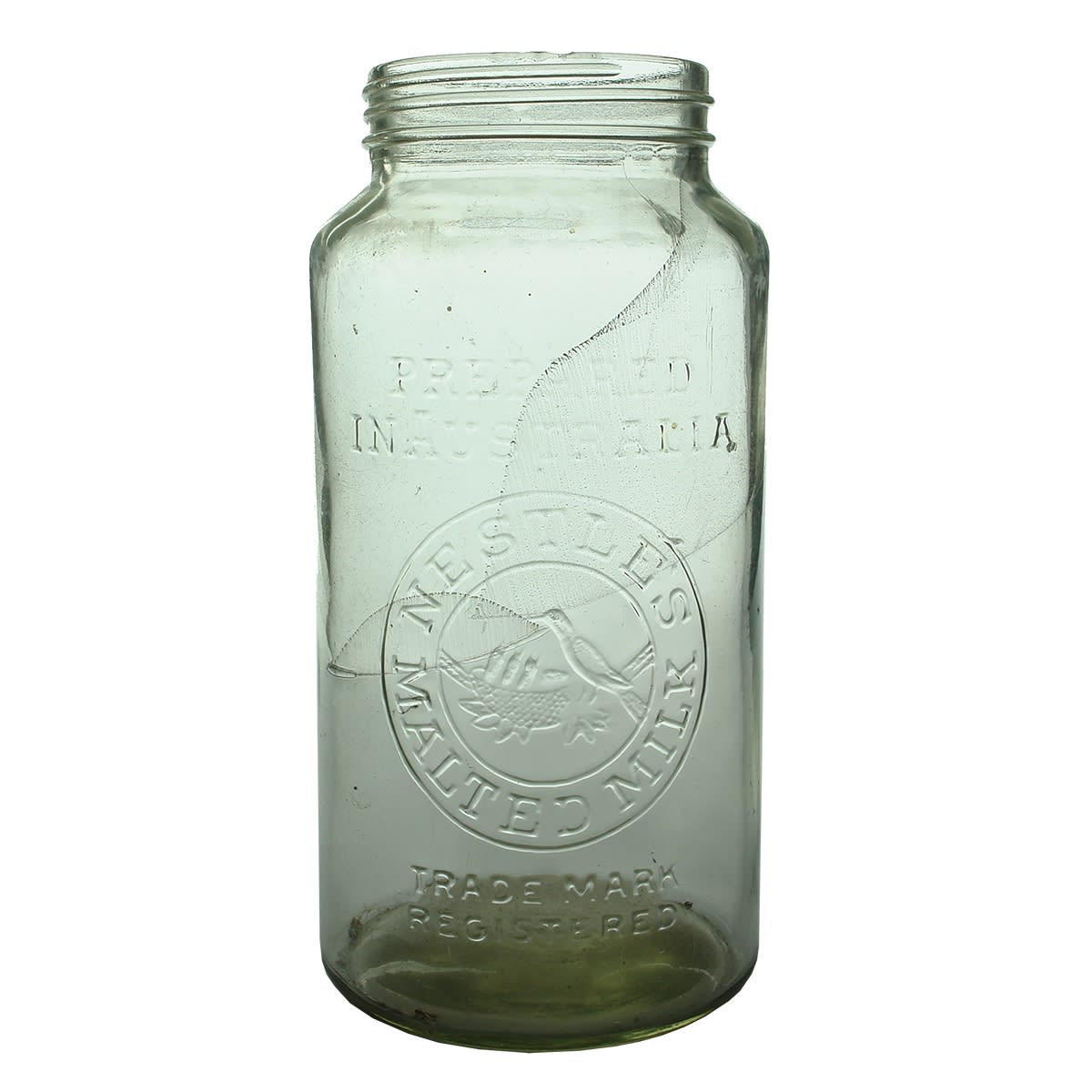 Jar. Nestle's Malted Milk. Prepared in Australia. Birds & Nest. Clear. Half Gallon.