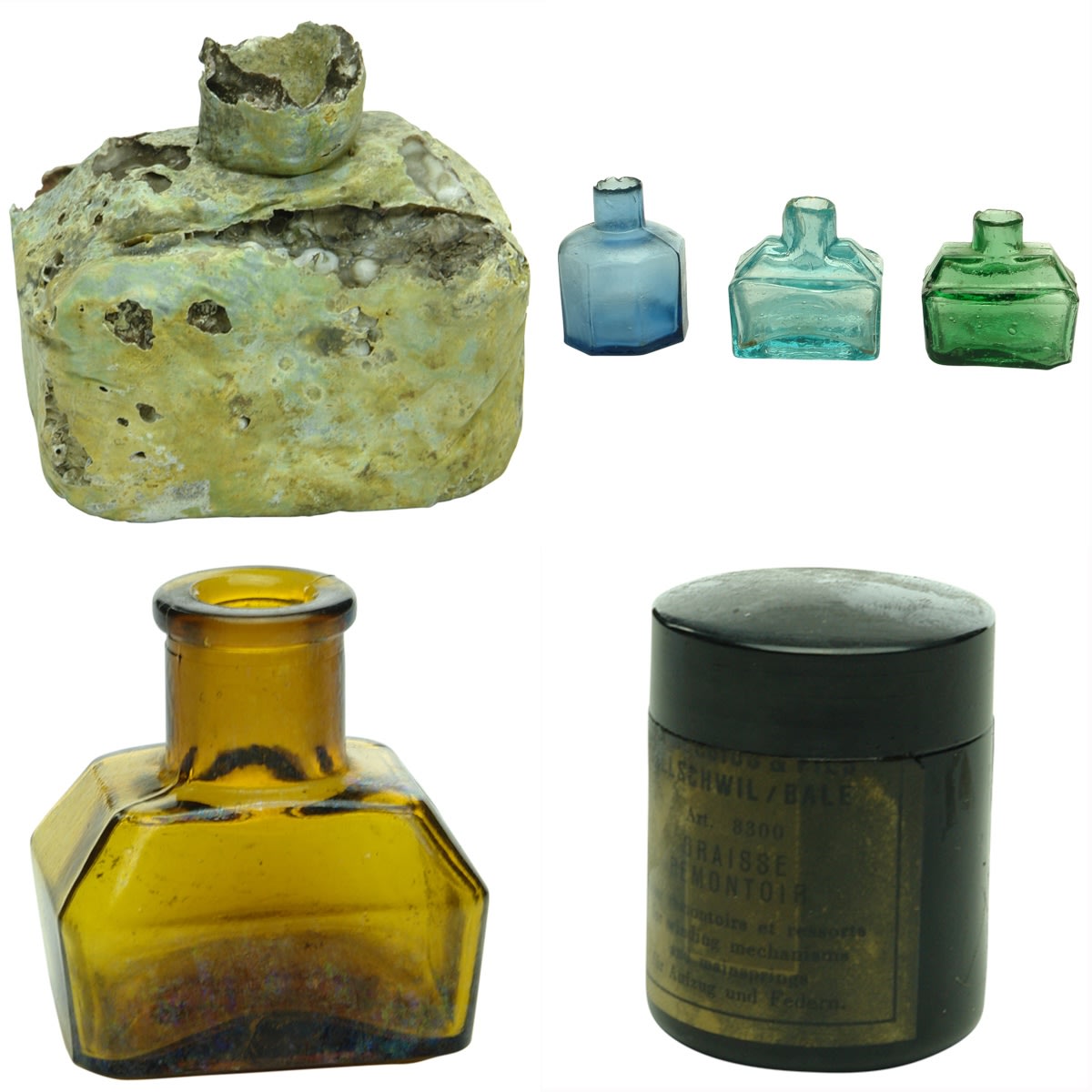 6 Items: 5 glass inks & small grease jar.