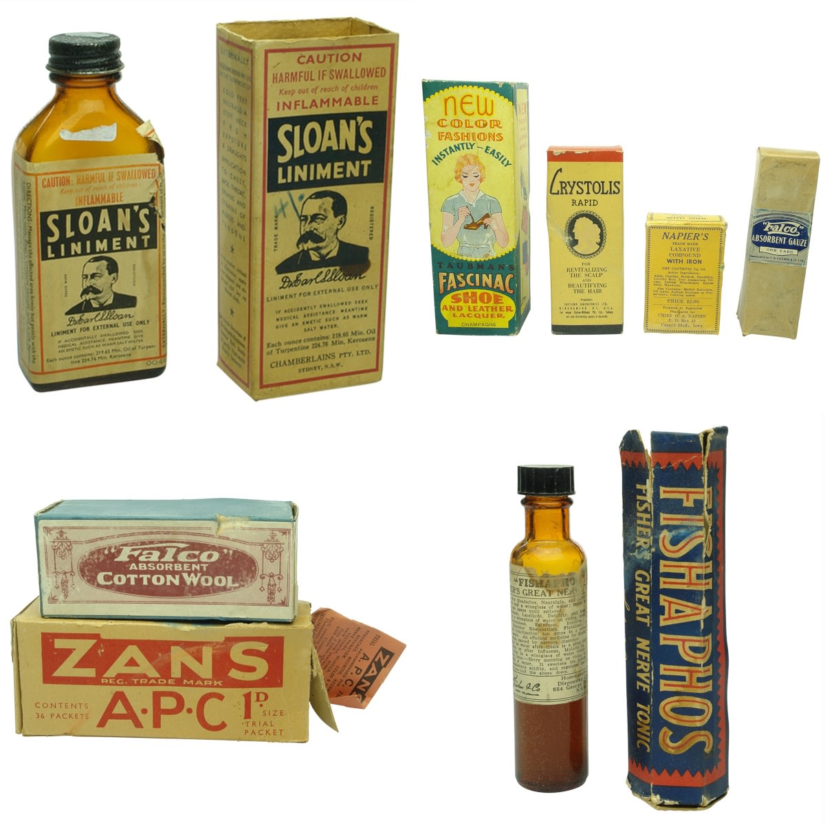 Medicine: 1. Sloan's Liniment in box, Chamberlains, Sydney. Amber. 2.5 oz. 2. Taubmans Fascinac Shoe and Leather Lacquer, bottle, tin and brush in cardboard packet. 3. Crystolis Rapid, Clinton-Williams, Sydney. Screw top bottle with some contents inside cardboard box. 4. Napier's Laxative Compound with Iron, cardboard box with contents. 5. "Falco" Absorbent Gauze, Faulding. Cardboard packet with contents. 6. "Falco" Absorbent Cotton Wool, Faulding. Cardboard packet with contents. 7. ZANS A. P. C. Trial Packet, Nicholas Pty. Ltd., Melbourne. Cardboard packet with some contents. 8. Fishaphos, Fishers Great Nerve Tonic, Sydney. Amber screw top bottle with some contents in cardboard packet.
