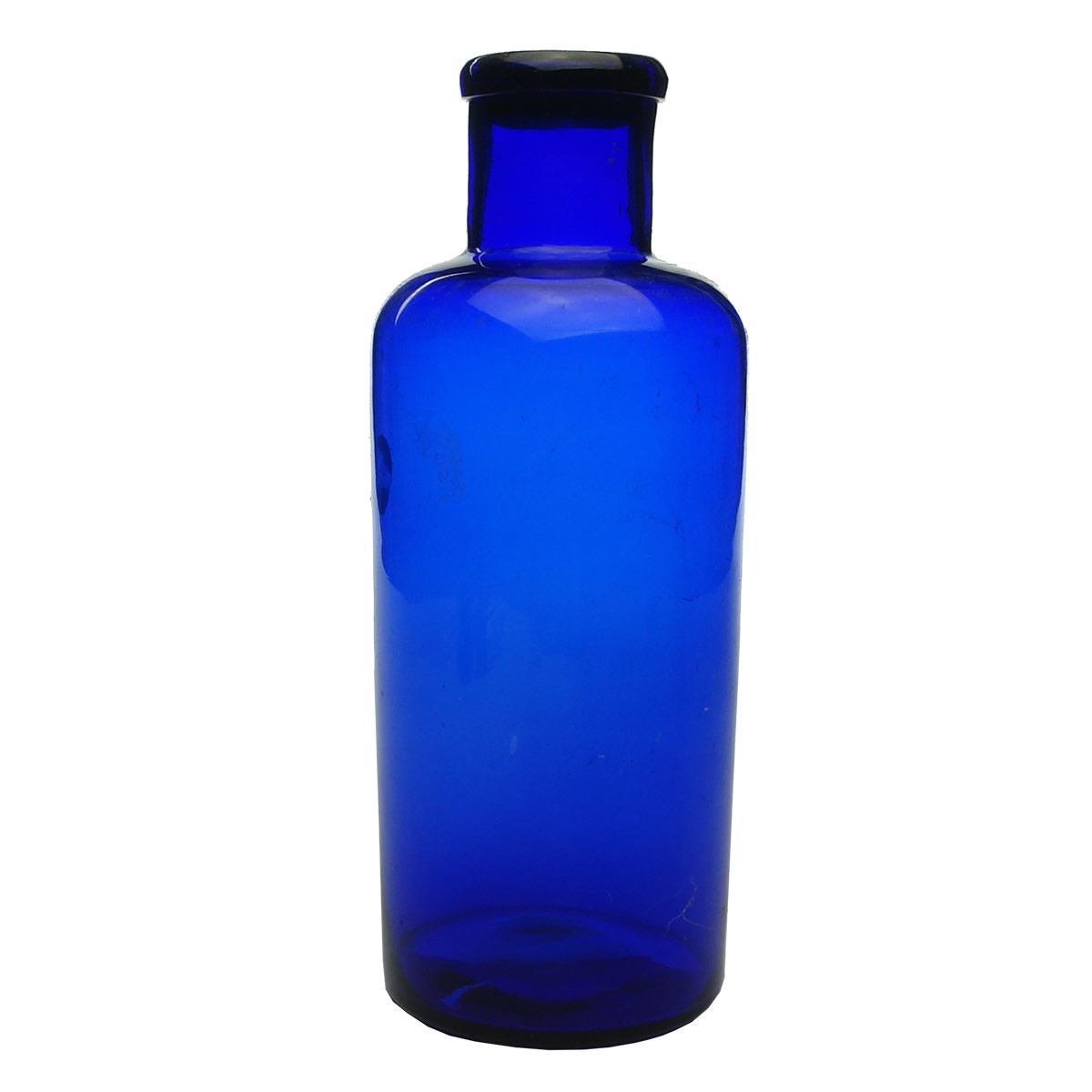 Chemist. Cobalt pharmacy bottle with wide rolled lip. Possible refired pontil. Lightweight.