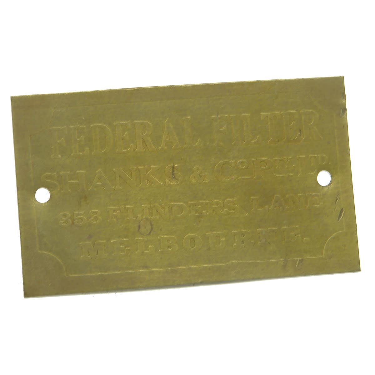 Metalware. Federal Filter, Shanks & Co Pty Ltd, 353 Flinders Lane, Melbourne. Brass Badge. (Victoria)