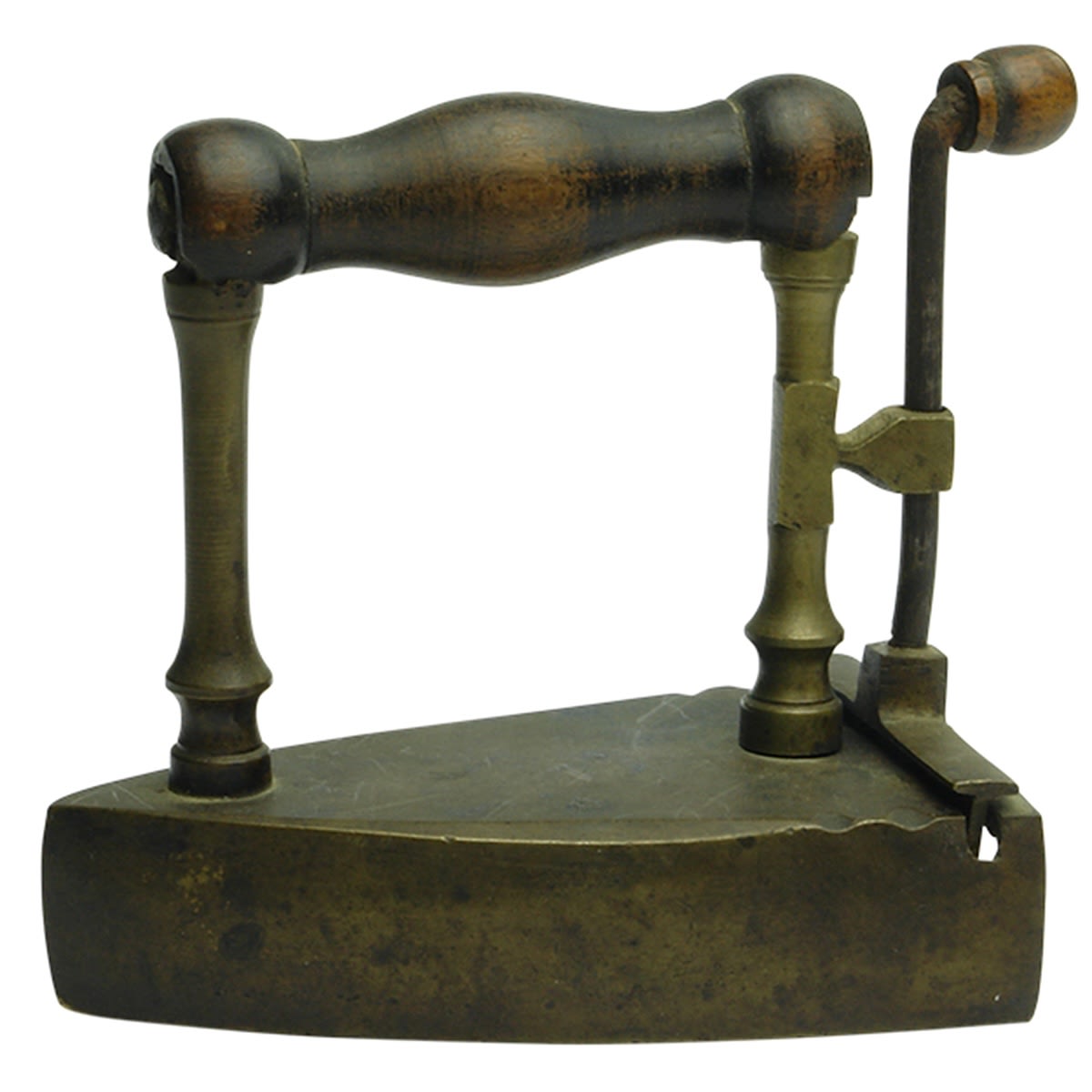 Miscellaneous. Small Brass Flat Iron with Wooden Handle.