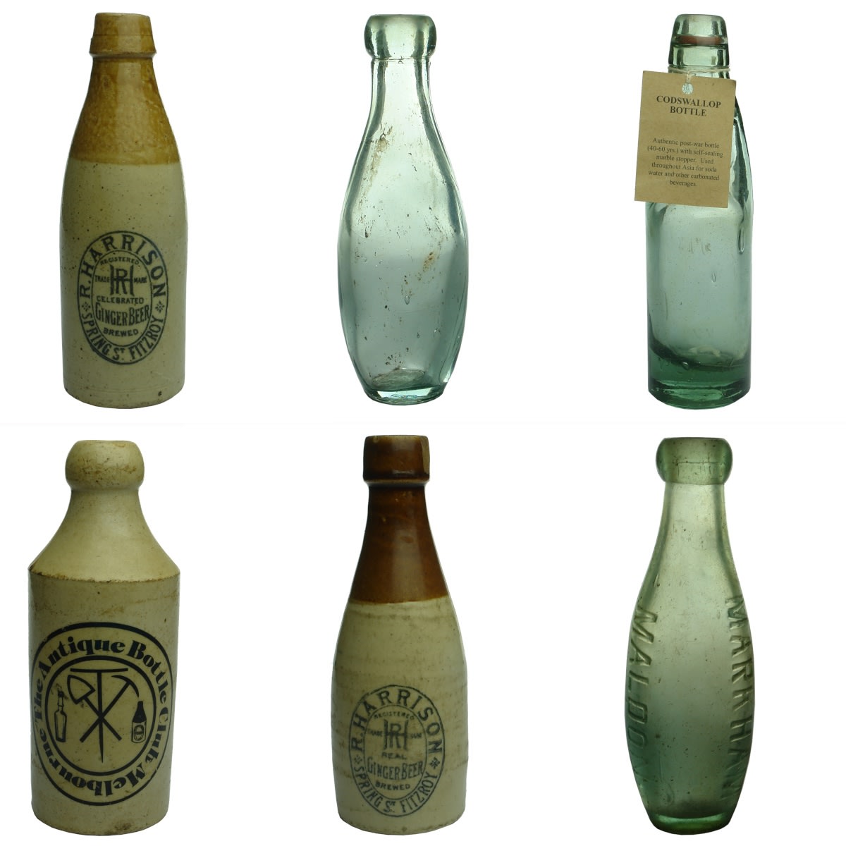 6 Aerated Water & Ginger Beer Bottles: 2 x R. Harrison; Skittles; Show Trophy.