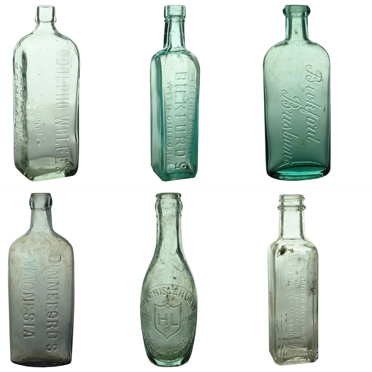 6 Bottles: Udolpho Wolfe's Schnapps Clear M. Moss & Co; Bickfords Coffee Essence; Bickford Brisbane; Dinnefords Magnesia; Chislehurst Mineral Water Co; Tooth & Co Ltd Sydney Rum Bottle.