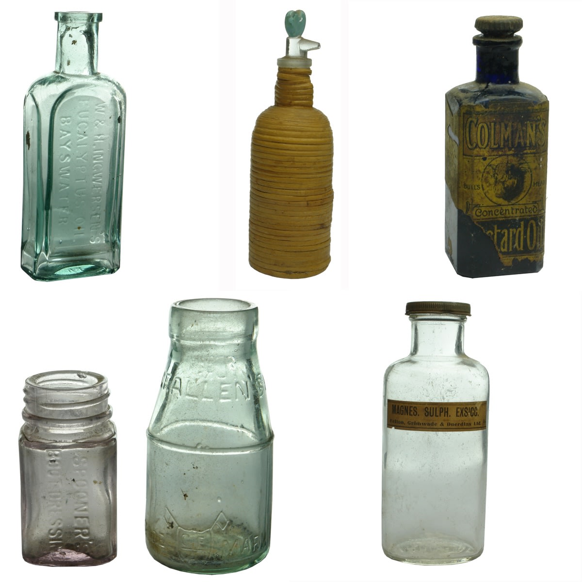 6 Chemist and small bottles: W. & H. Ingwersen's Bayswater; Cane bound 100 ml bottle; Colman's Mustard Oil; Spooners Boot Dressing; Allens Boot Cream; Felton Grimwade etd.
